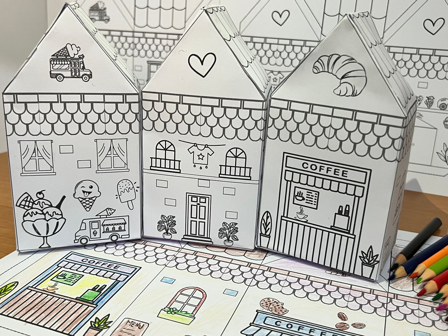 3 Printable Coloring Paper Houses |kids Crafts | Mushroom | ICE Cream| Coffee -Ppaer Crafterly